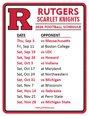 Rutgers Scarlet Knights Football 2026
 Printable Schedule