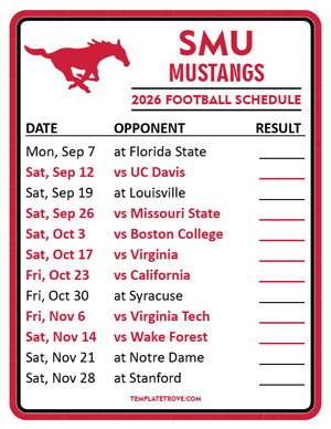 SMU Mustangs Football 2026
 Printable Schedule  - Style 2