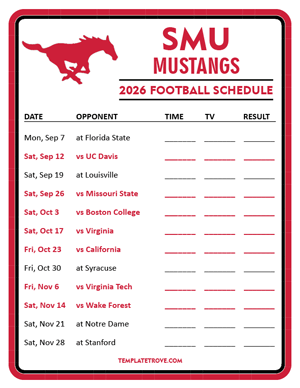 SMU Mustangs Football 2026
 Printable Schedule - Style 3