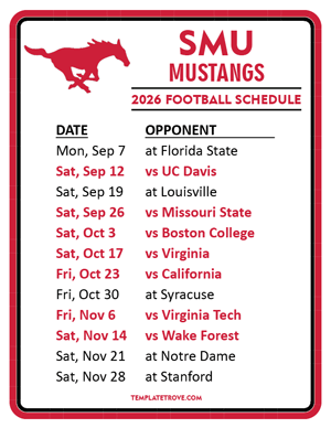 SMU Mustangs Football 2026
 Printable Schedule