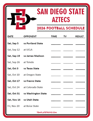 San Diego State Aztecs Football 2026
 Printable Schedule - Style 4