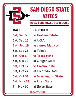 San Diego State Aztecs Football 2026
 Printable Schedule