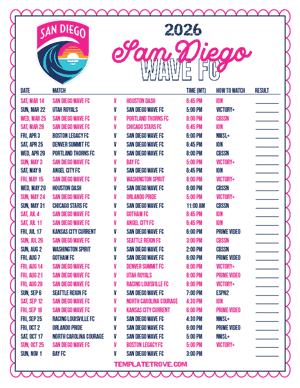 San Diego Wave FC 2026
 Printable Soccer Schedule - Mountain Times