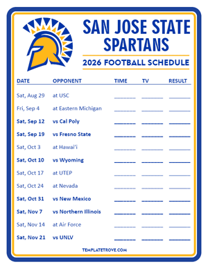 San Jose State Spartans Football 2026
 Printable Schedule - Style 3