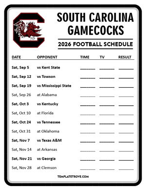 South Carolina Gamecocks Football 2026
 Printable Schedule - Style 4
