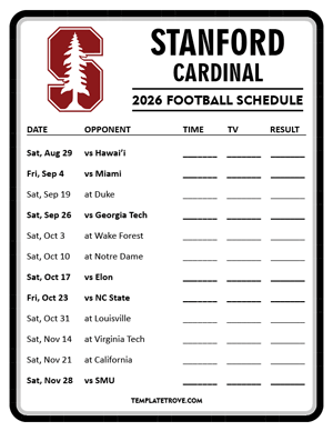 Stanford Cardinal Football 2026
 Printable Schedule - Style 4