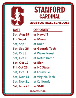 Stanford Cardinal Football 2026
 Printable Schedule