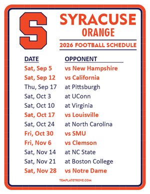 Syracuse Orange Football 2026
 Printable Schedule