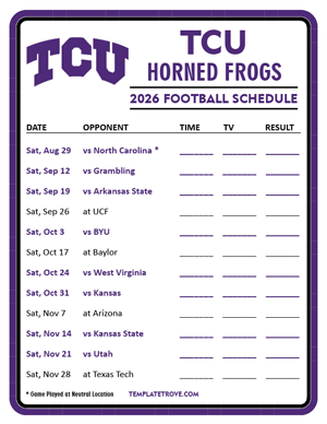 TCU Horned Frogs Football 2026
 Printable Schedule - Style 3