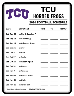 TCU Horned Frogs Football 2026
 Printable Schedule - Style 4