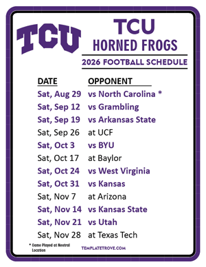 TCU Horned Frogs Football 2026
 Printable Schedule