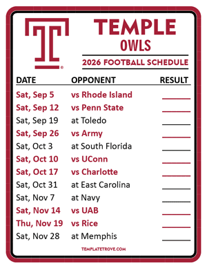 Temple Owls Football 2026
 Printable Schedule  - Style 2