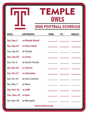 Temple Owls Football 2026
 Printable Schedule - Style 3