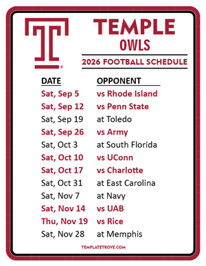 Temple Owls Football 2026
 Printable Schedule