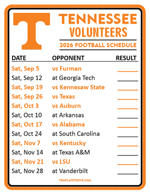 Tennessee Volunteers Football 2026
 Printable Schedule  - Style 2