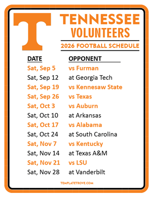 Tennessee Volunteers Football 2026
 Printable Schedule