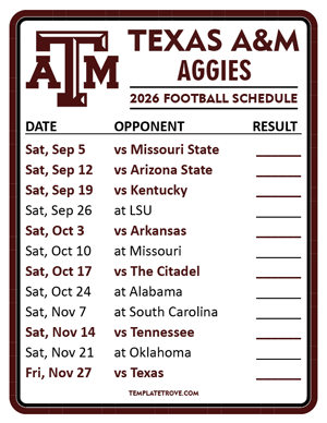 Texas A&M Aggies Football 2026
 Printable Schedule  - Style 2