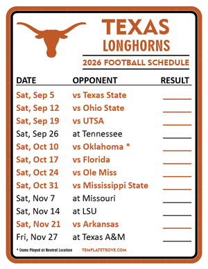 Texas Longhorns Football 2026
 Printable Schedule  - Style 2