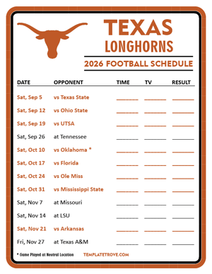 Texas Longhorns Football 2026
 Printable Schedule - Style 3