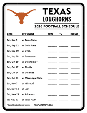 Texas Longhorns Football 2026
 Printable Schedule - Style 4