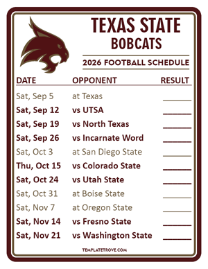 Texas State Bobcats Football 2026
 Printable Schedule  - Style 2