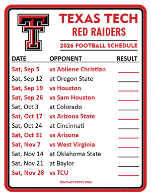 Texas Tech Red Raiders Football 2026
 Printable Schedule  - Style 2