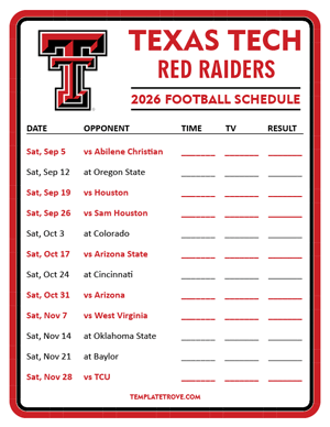 Texas Tech Red Raiders Football 2026
 Printable Schedule - Style 3