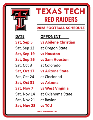 Texas Tech Red Raiders Football 2026
 Printable Schedule