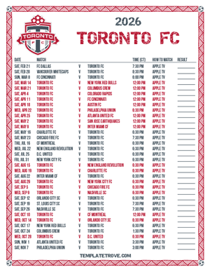 Toronto FC 2026
 Printable Soccer Schedule - Central Times