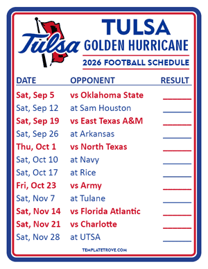 Tulsa Golden Hurricane Football 2026
 Printable Schedule  - Style 2