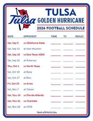Tulsa Golden Hurricane Football 2026
 Printable Schedule - Style 3