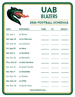 UAB Blazers
 Football 2026
 Printable Schedule - Style 3