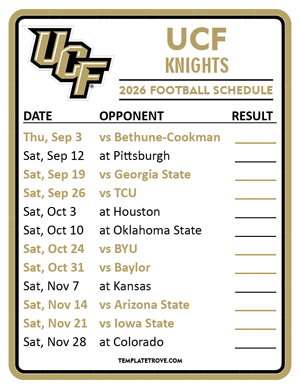 UCF Knights Football 2026
 Printable Schedule  - Style 2
