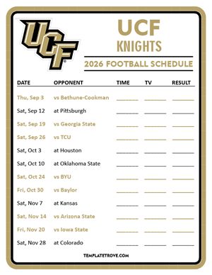 UCF Knights Football 2026
 Printable Schedule - Style 3