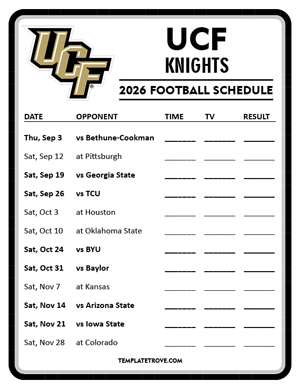 UCF Knights Football 2026
 Printable Schedule - Style 4