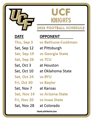 UCF Knights Football 2026
 Printable Schedule