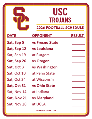 USC Trojans Football 2026
 Printable Schedule  - Style 2