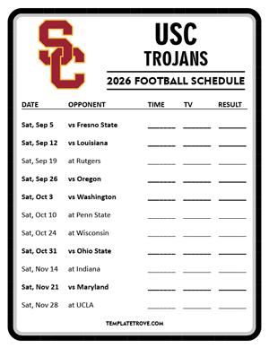 USC Trojans Football 2026
 Printable Schedule - Style 4