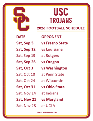 USC Trojans Football 2026
 Printable Schedule