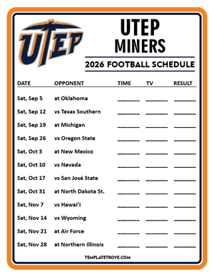 UTEP Miners Football 2026
 Printable Schedule - Style 4