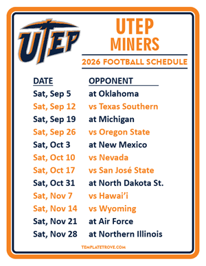 UTEP Miners Football 2026
 Printable Schedule