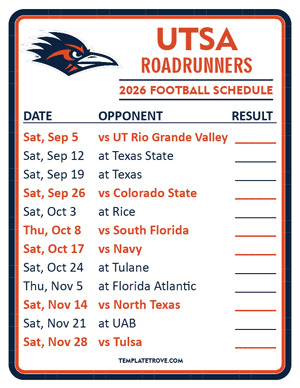 UTSA Roadrunners

 Football 2026
 Printable Schedule  - Style 2