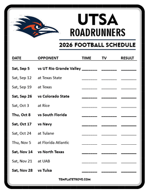 UTSA Roadrunners

 Football 2026
 Printable Schedule - Style 4