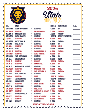 Utah Royals 2026
 Printable Soccer Schedule
