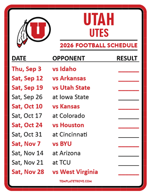 Utah Utes Football 2026
 Printable Schedule  - Style 2