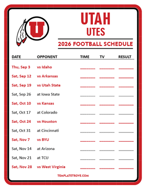 Utah Utes Football 2026
 Printable Schedule - Style 3