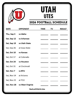 Utah Utes Football 2026
 Printable Schedule - Style 4