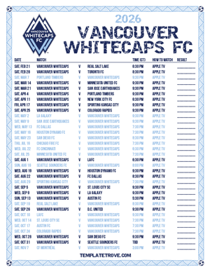 Vancouver Whitecaps FC 2026
 Printable Soccer Schedule - Central Times