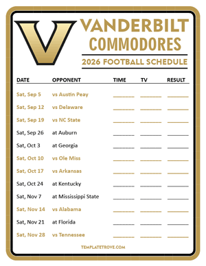 Vanderbilt Commodores Football 2026
 Printable Schedule - Style 3