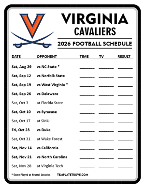 Virginia Cavaliers Football 2026
 Printable Schedule - Style 4